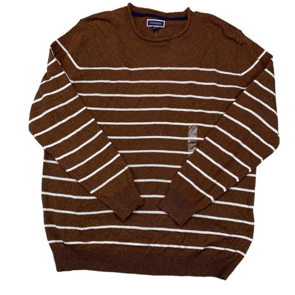 Club Room Mens Gregor Striped Crew Neck Classic Fit Pullover Sweater Brown 2XL